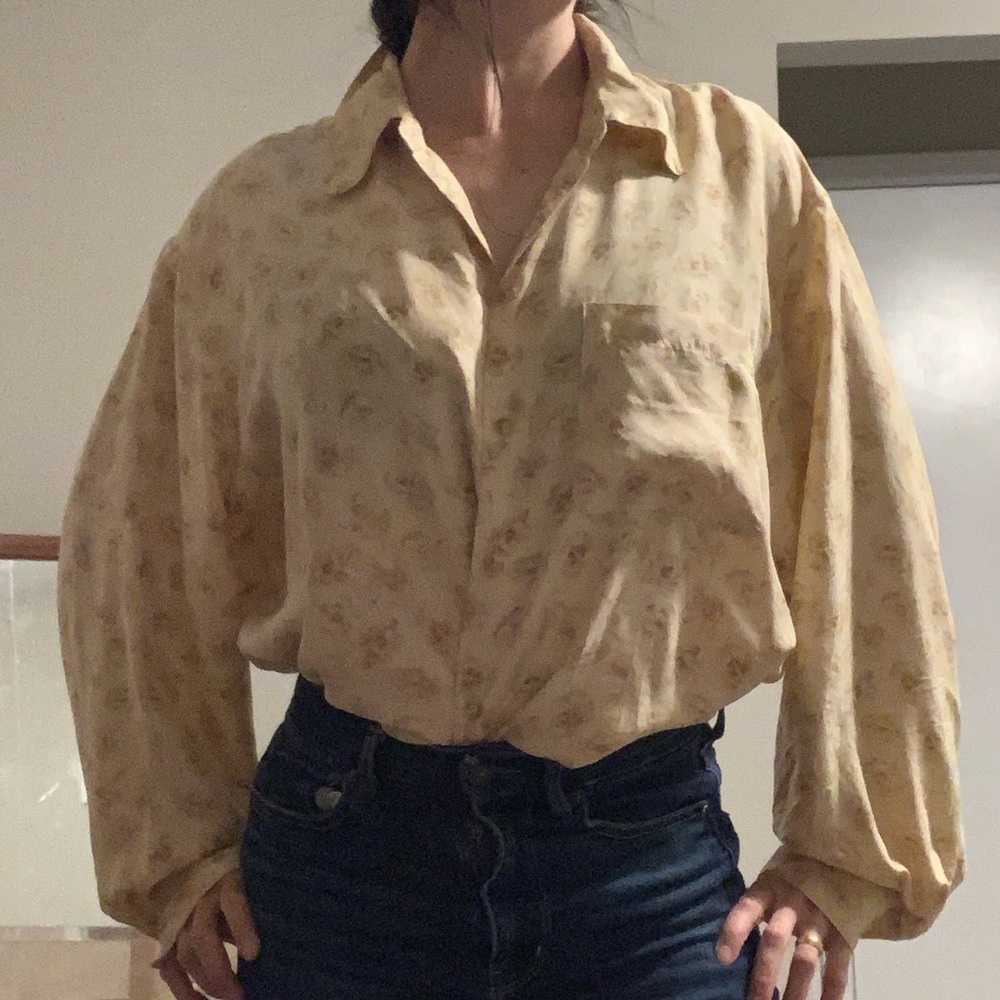 100% Silk cream Floral Button up shirt